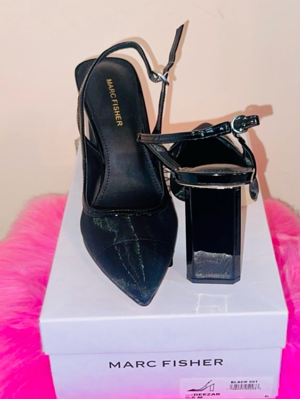 Marc Fisher Black Pointed Block Heel Slingback Pumps with Buckle Strap